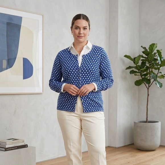 Covington Tops - Covington Blue White Polka Dot Cardigan Sweater Soft Knit Minimalist Preppy